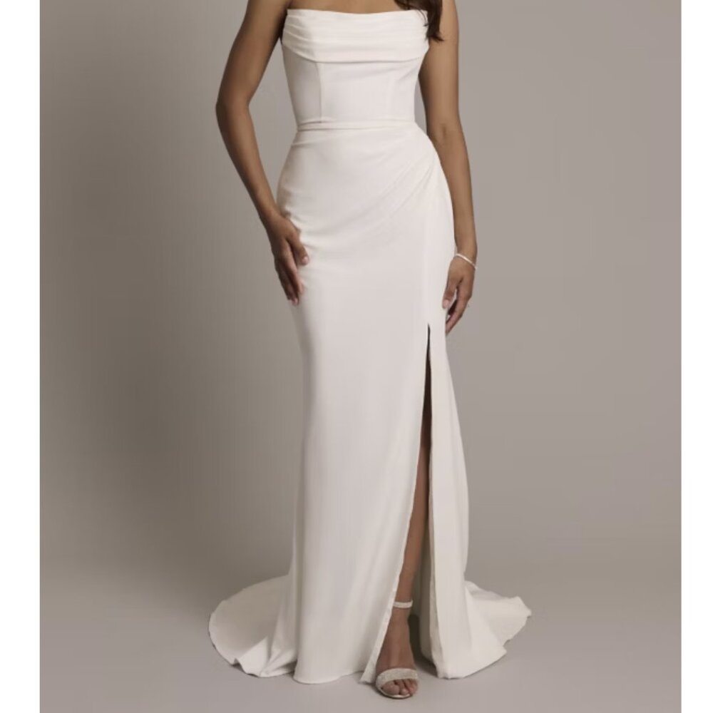 David's Bridal White Stretch Crepe Sculpted Cowl Sheath Wedding Dress